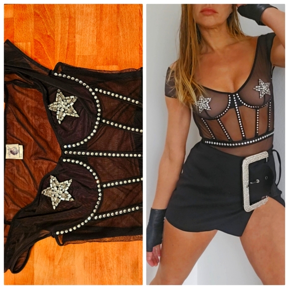 Iconic JB rhinestone AREA style NYC silk sheer black w crystals bodysuit xs/s Bodysuits